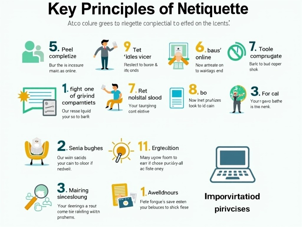 This image illustrates the key principles of netiquette, emphasizing respectful online communication. It lists ten important guidelines for appropriate behavior on the internet. Each principle aims to promote courteous interactions in a digital environment. The design features vibrant colors and engaging graphics to attract viewers. The principles cover various aspects of online interactions, including email etiquette and social media use.