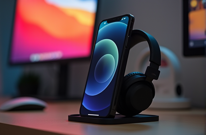 A smartphone with a vibrant screen and headphones on a stand, set against a blurred background of a computer screen and desk accessories.