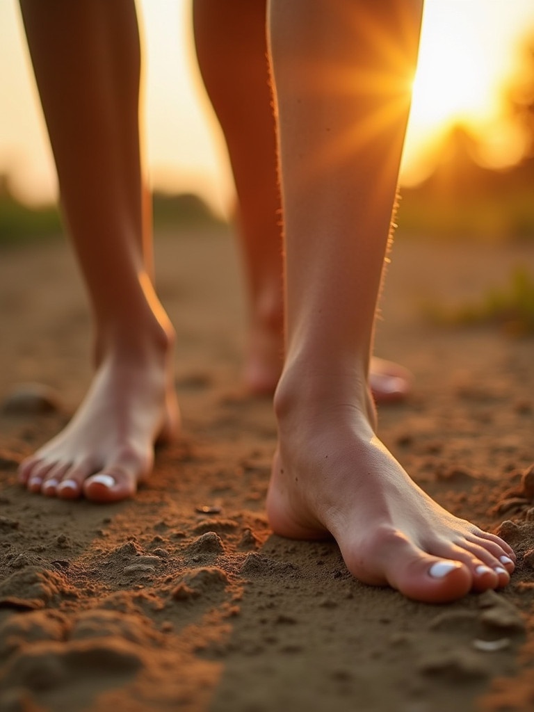 Close-up shot of bare feet with French tip pedicure on clean soil during golden hour. Feet visible in a walking position. Outdoor setting with warm sun colors. Feet look slightly dirty.