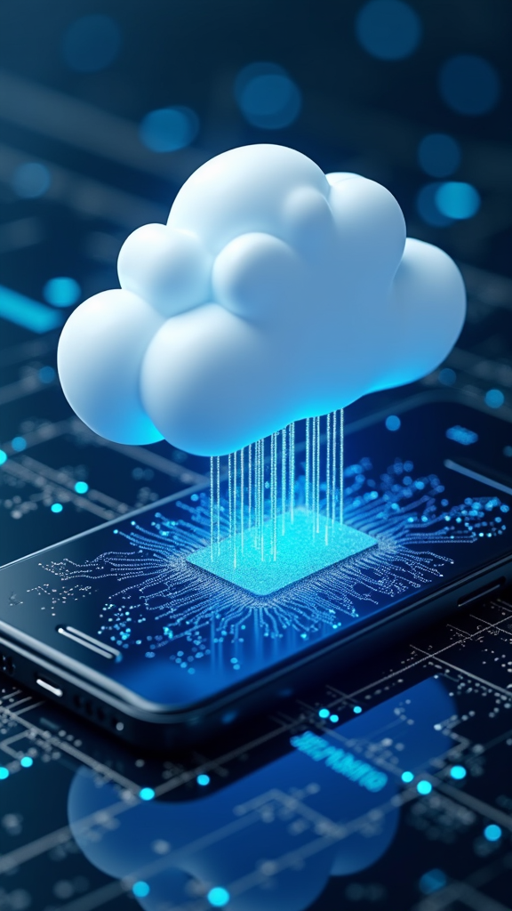 A digital cloud hovers over a smartphone, depicting data transfer with glowing lines on a tech-themed background.