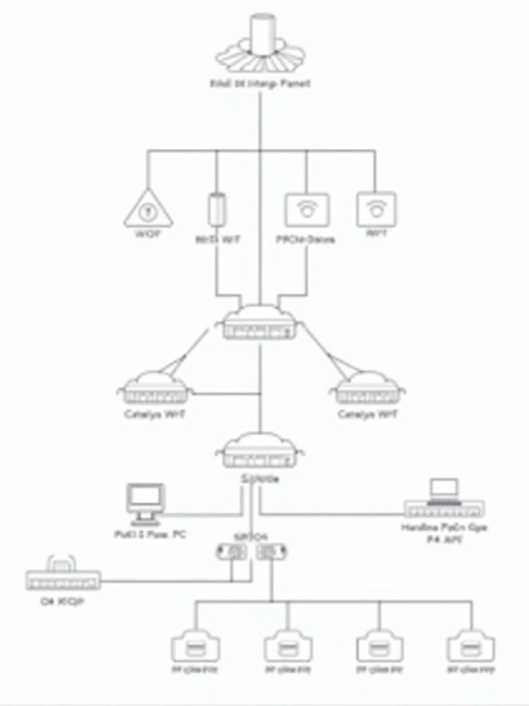 Network layout diagram. Diagram shows switches and access points. Central switch is Cisco Catalyst MS390-48UX2 with 48 ports. Wi-Fi access points powered through PoE+. Hardline devices include PCs and security cameras. Fiber patch panel connected with dual 10 Gbps OM4 uplinks. All connections clearly labeled.