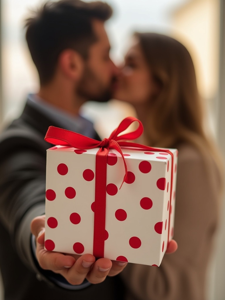 A festive gift box with red polka dots is prominently displayed. A couple shares a kiss in the blurred background. Soft natural lighting adds warmth to the scene.