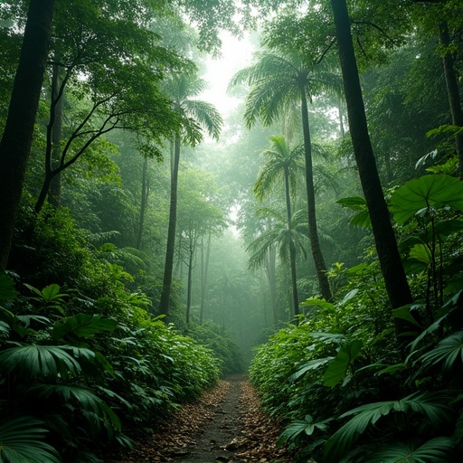 First person view of a dense tropical forest scene. Tall trees with broad leaves surround a narrow path which leads deeper into the woods. A misty atmosphere creates a serene and mysterious environment.