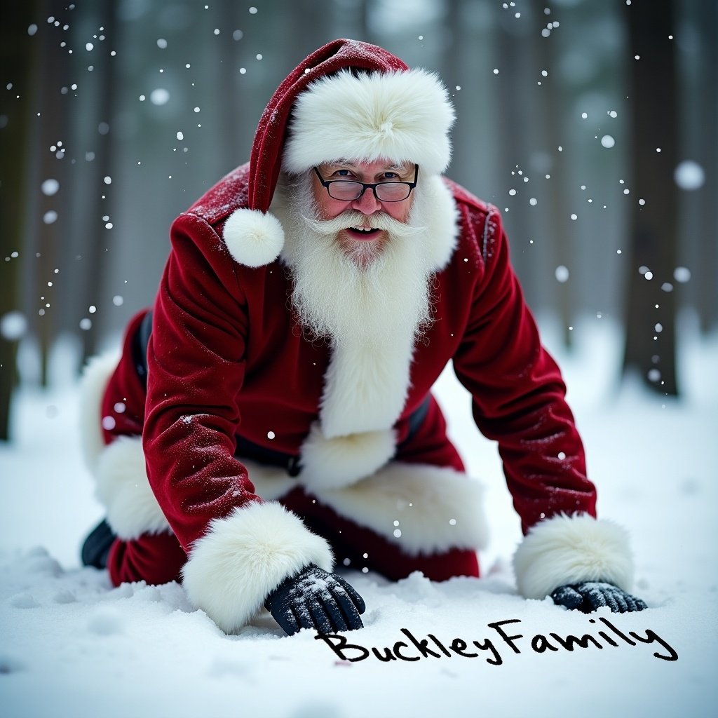 Santa Claus kneeling in snow writing Buckley Family. Traditional Santa dressed in red with fluffy white trim and hat. Background shows a snowy forest with tall trees. Soft snowflakes fall around creating a magic atmosphere of Christmas.