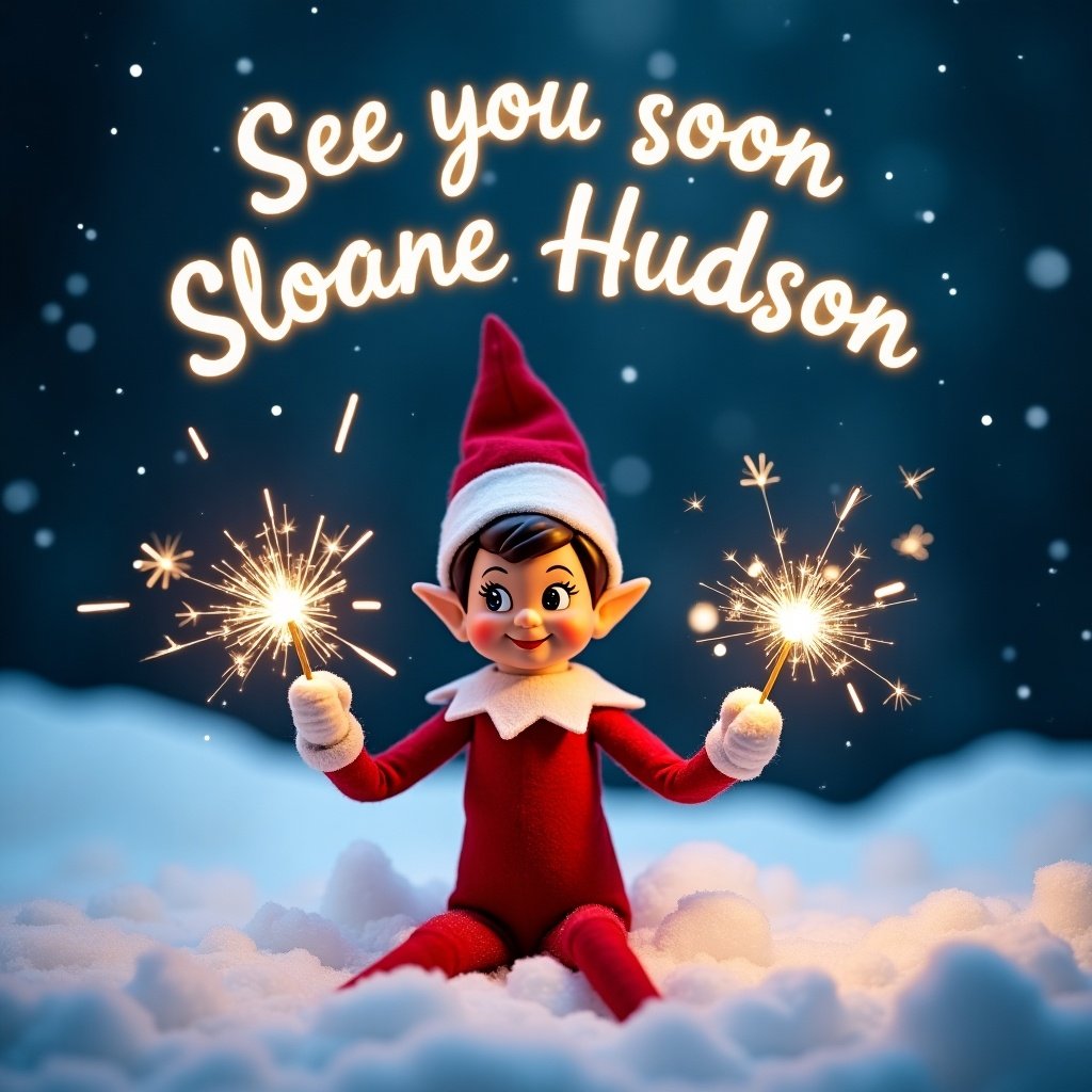 Charming Elf on the Shelf in snowy landscape at night. Dressed in red and white. Holding sparklers in both hands. Message above in whimsical font. Enchanting scene capturing holiday magic.