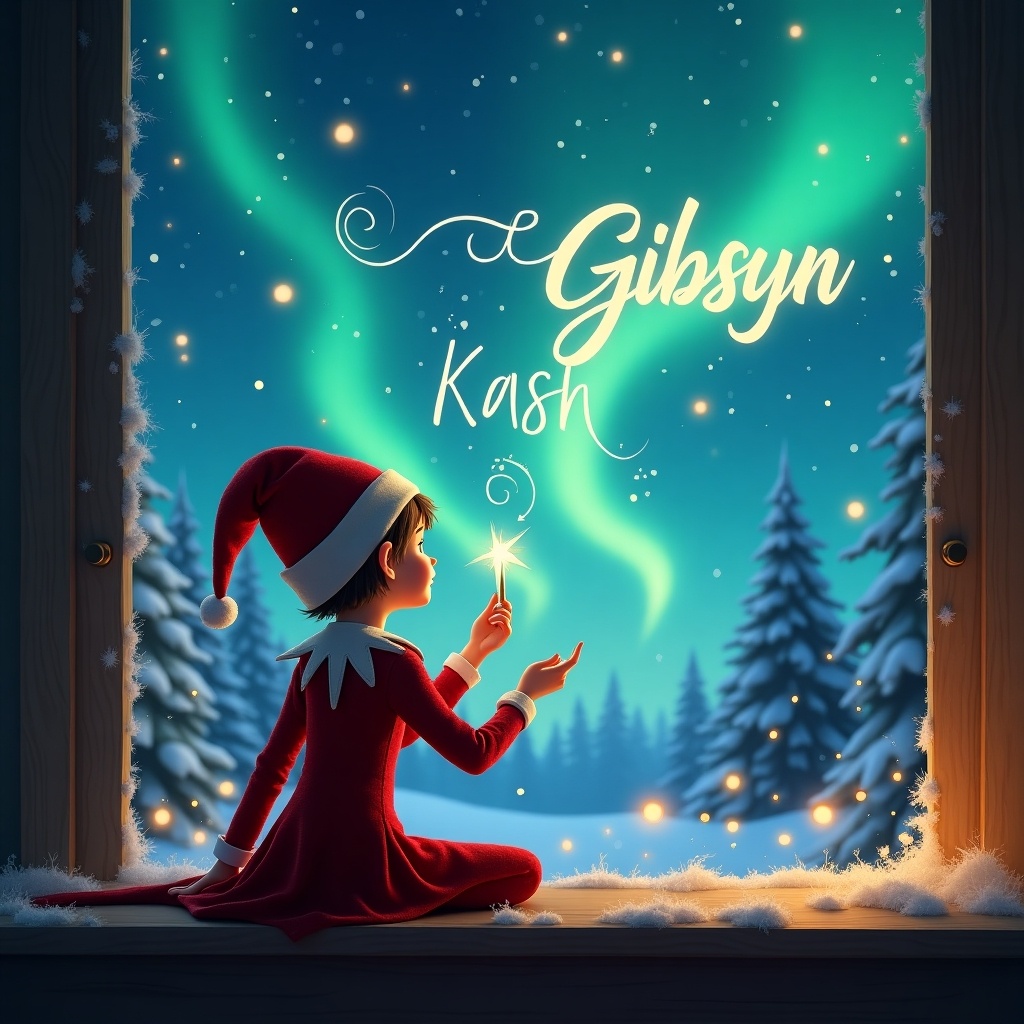 This image depicts a girl elf sitting on a windowsill, gazing up at a magical Christmas sky. She has her back turned to the viewer, wearing a festive red outfit and a hat. In her hand, she holds a magic wand, gracefully writing the names 'Gibsyn' and 'Kash' in the evening sky. The background is filled with shimmering northern lights and snow-covered evergreen trees, enhancing the enchanting atmosphere. This scene captures the essence of holiday magic and wonder, perfect for festive illustrations.