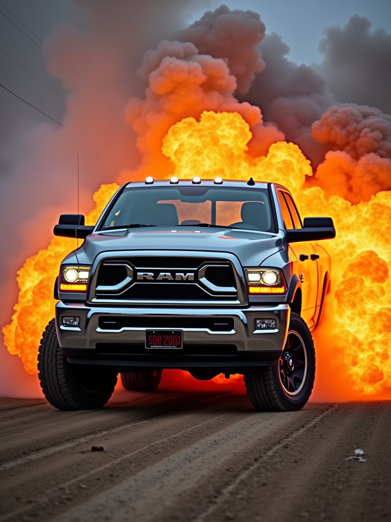 Silver Dodge Ram truck showing dynamic explosion of flames and smoke. Truck is centered in the image with vibrant fire surrounding it. Rugged terrain beneath the truck adds to the dramatic effect.