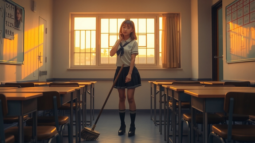 A young woman in a school uniform stands alone in a classroom, holding a broom. The room is bathed in the warm glow of the late afternoon sun streaming through a large window, casting long shadows across the floor. The empty desks and chairs create a sense of stillness and solitude, contrasting with the gentle expression on the woman's face.