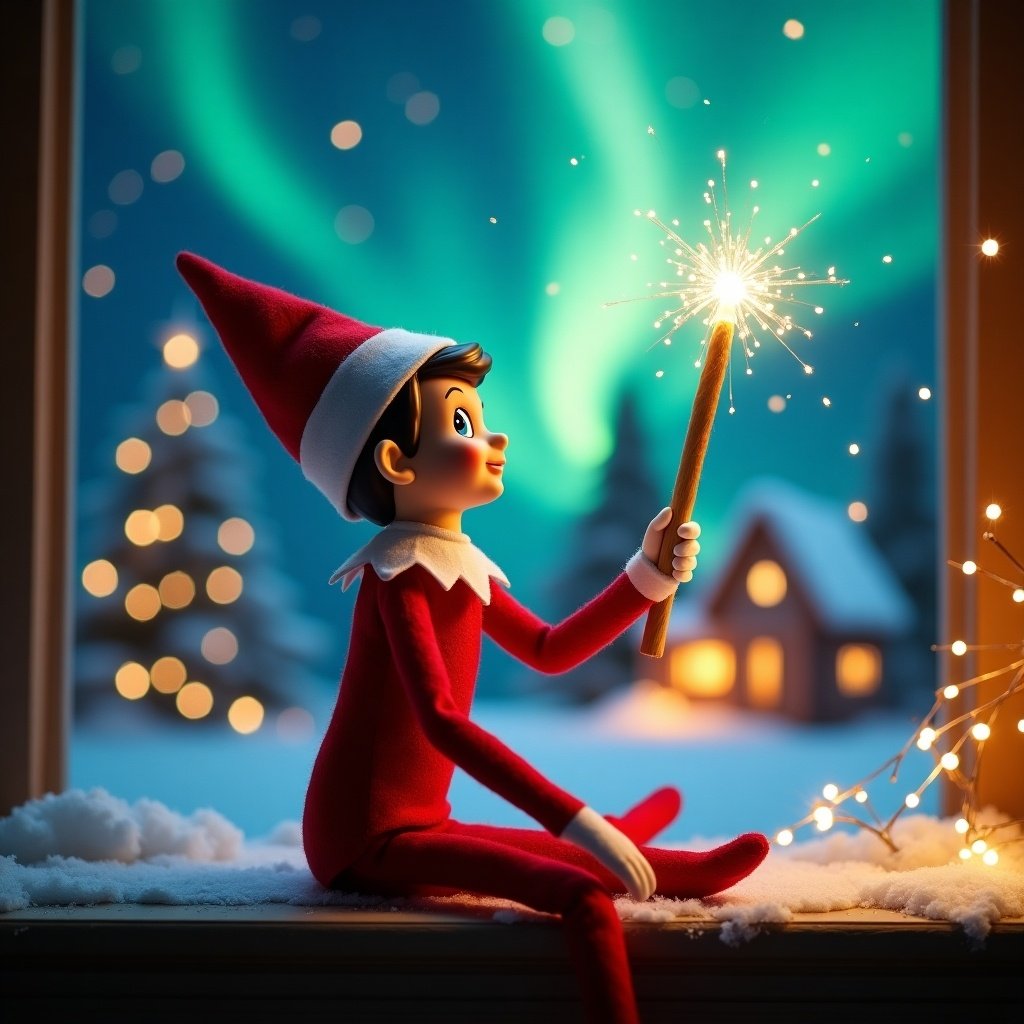 An elf on the shelf sits with its back to the viewer, gazing skyward. It holds a glowing wand that emits sparkling light. The background showcases a charming Christmas scene with colorful northern lights swirling above. In the distance, a cozy house can be seen, decorated for the holidays. Snow covers the ground, adding to the winter atmosphere. The elf is in a playful position, embodying the spirit of magic and wonder associated with Christmas.