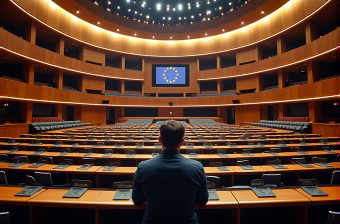 A man stands in an empty, modern auditorium facing a large screen displaying the European Union flag.