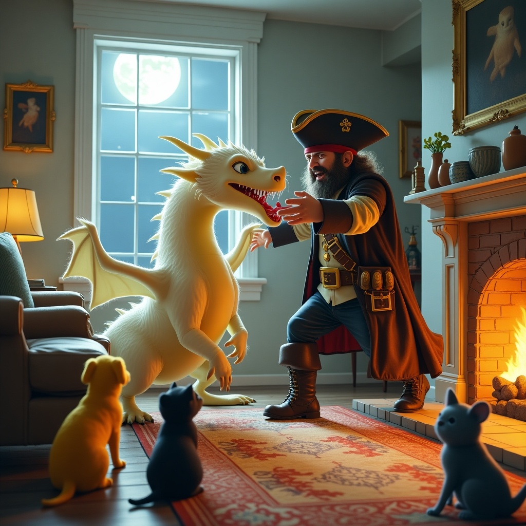 A brave white dragon named Custard is dramatically interacting with a fierce pirate in a cozy living room. The pirate, who has a wooden leg, is caught in a moment of struggle while the dragon surprisingly displays its bravery. Watching the scene in awe are a yellow dog named Mustard, a black kitten named Ink, and a grey mouse named Blink. The room is beautifully decorated with wooden furniture, a patterned rug, and a glowing fireplace, while moonlight pours through the window, enhancing the atmosphere of mix chaos and relief.