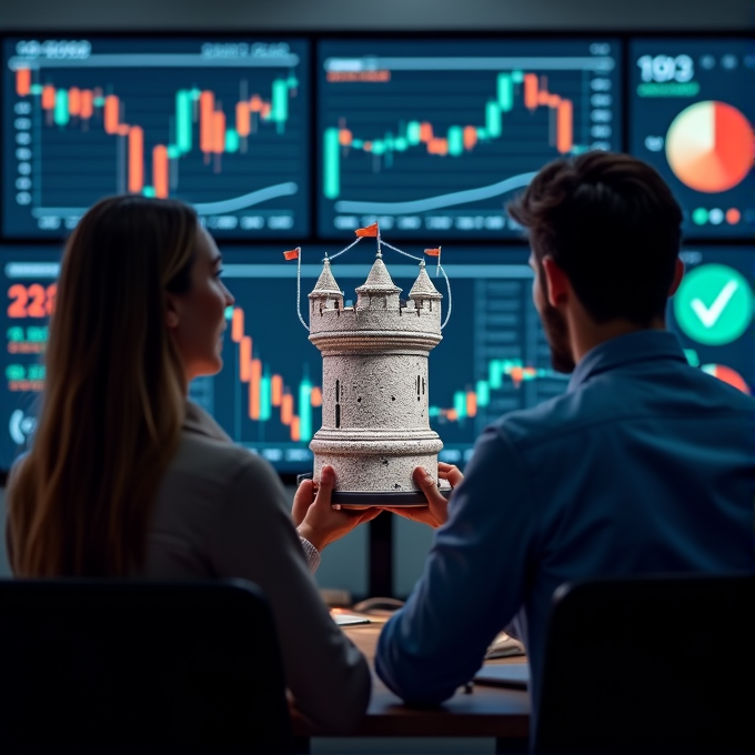 Two individuals hold a castle model, symbolizing strategy, against a backdrop of financial graphs on screens.