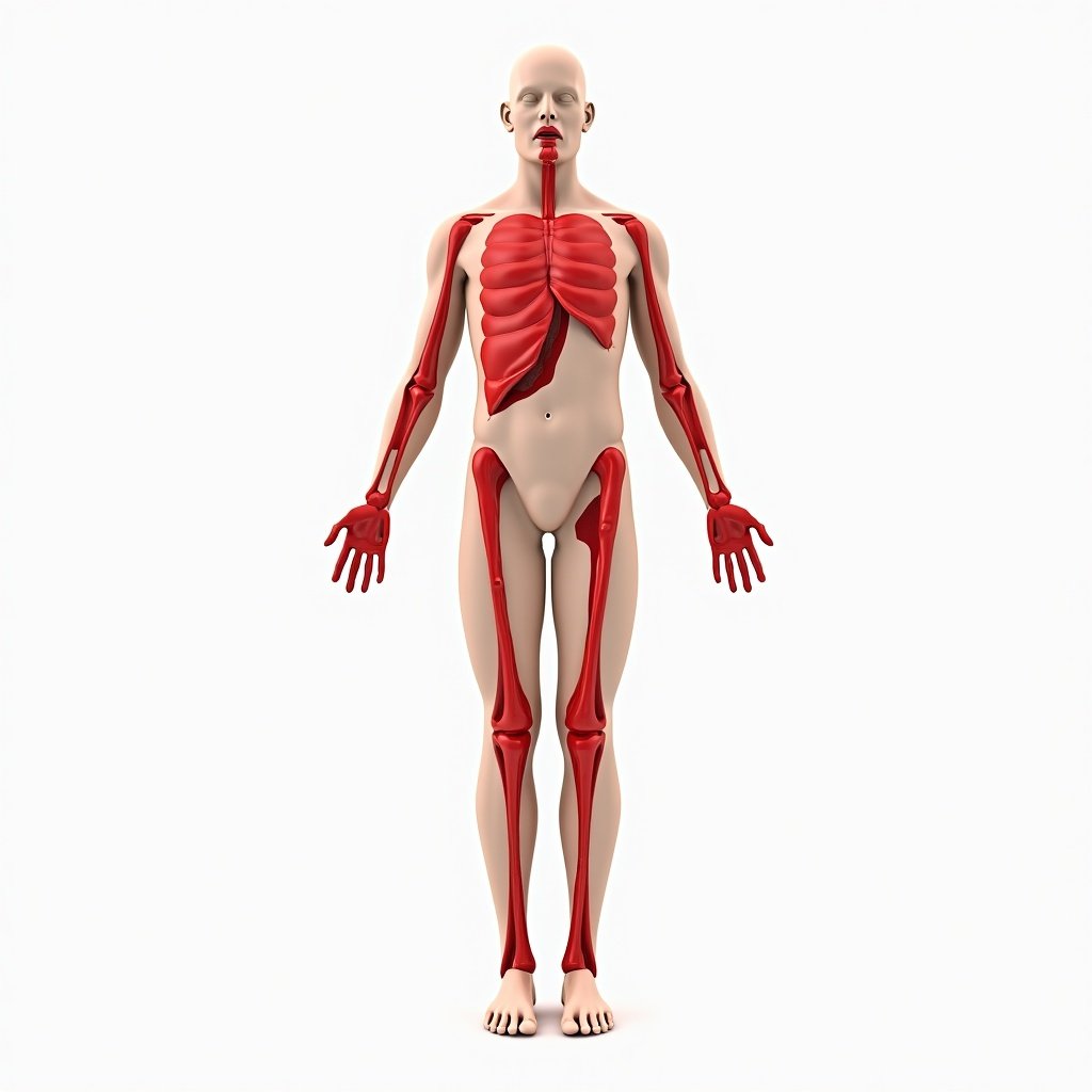 A human anatomy illustration showing injured body parts including head, right leg heel, wrist, thumb, right hand fingernail, left index finger, legs and elbows.