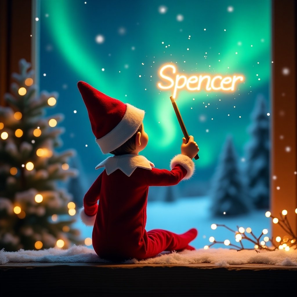 An enchanting Christmas scene features an elf on the shelf, who is facing the sky with his back to the viewer. The elf, dressed in classic red and white, wields a magic wand, writing the name 'Spencer’ in a glowing script above him. The beautiful backdrop showcases vibrant northern lights, enhancing the magical ambiance of the scene. This festive portrayal embodies the spirit of Christmas with a whimsical twist, creating a sense of wonder. The elf's position and joyful action capture the essence of the holiday season, appealing to both children and adults alike.