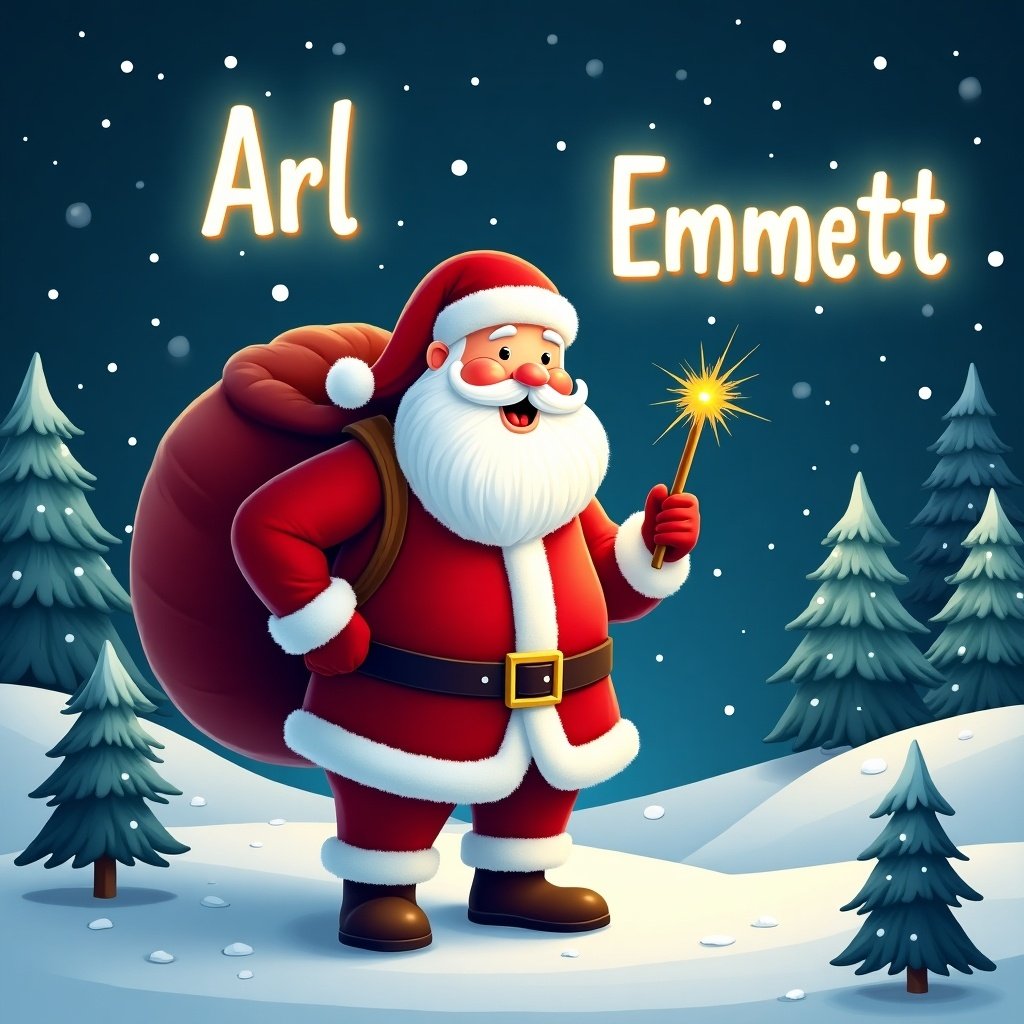 The image features a cheerful Santa Claus standing in a snowy landscape. He has a large red sack slung over his shoulder and is holding a sparkly wand. Dressed in a traditional red and white outfit, complete with a belt and boots, Santa embodies the festive spirit. Behind him, the night sky is illuminated with twinkling stars. The snowy ground is dotted with pine trees, enhancing the winter atmosphere. Glowing letters in the night sky display the names 'Arl' and 'Emmett.'