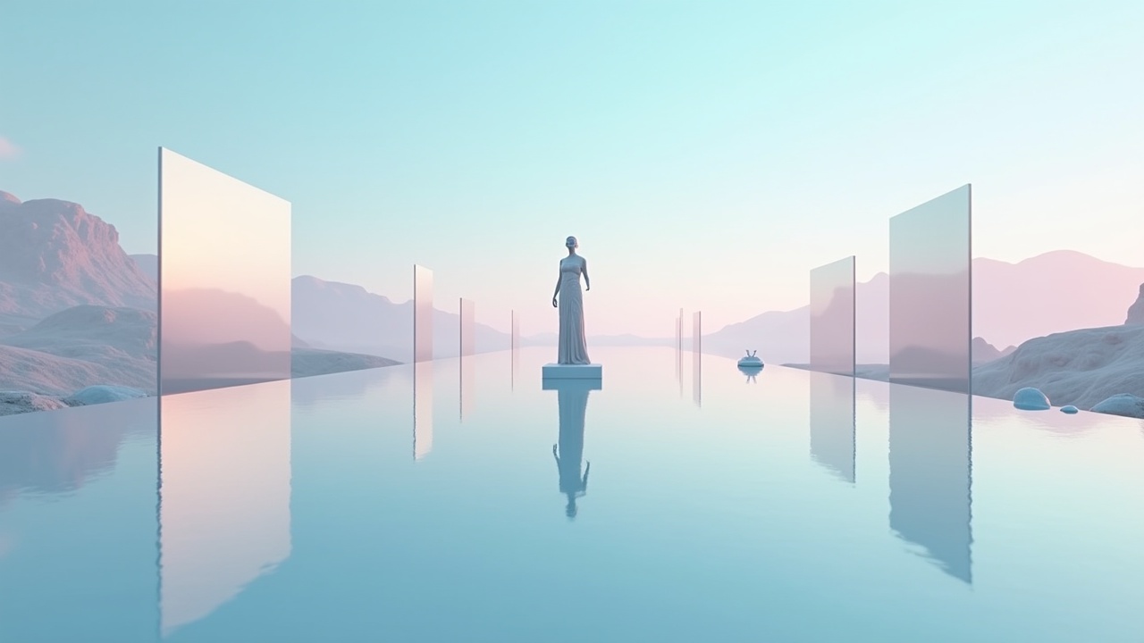 The image showcases a serene, surreal landscape featuring a central figure on a pedestal. Surrounding the figure are translucent panels that create an illusion of depth. The landscape is bathed in pastel hues, blending soft blue and pink shades. The reflective water adds to the dreamlike quality, mirroring the surroundings. The overall composition evokes a sense of calm and tranquility, inviting viewers into a peaceful, modern interpretation of an otherworldly space.