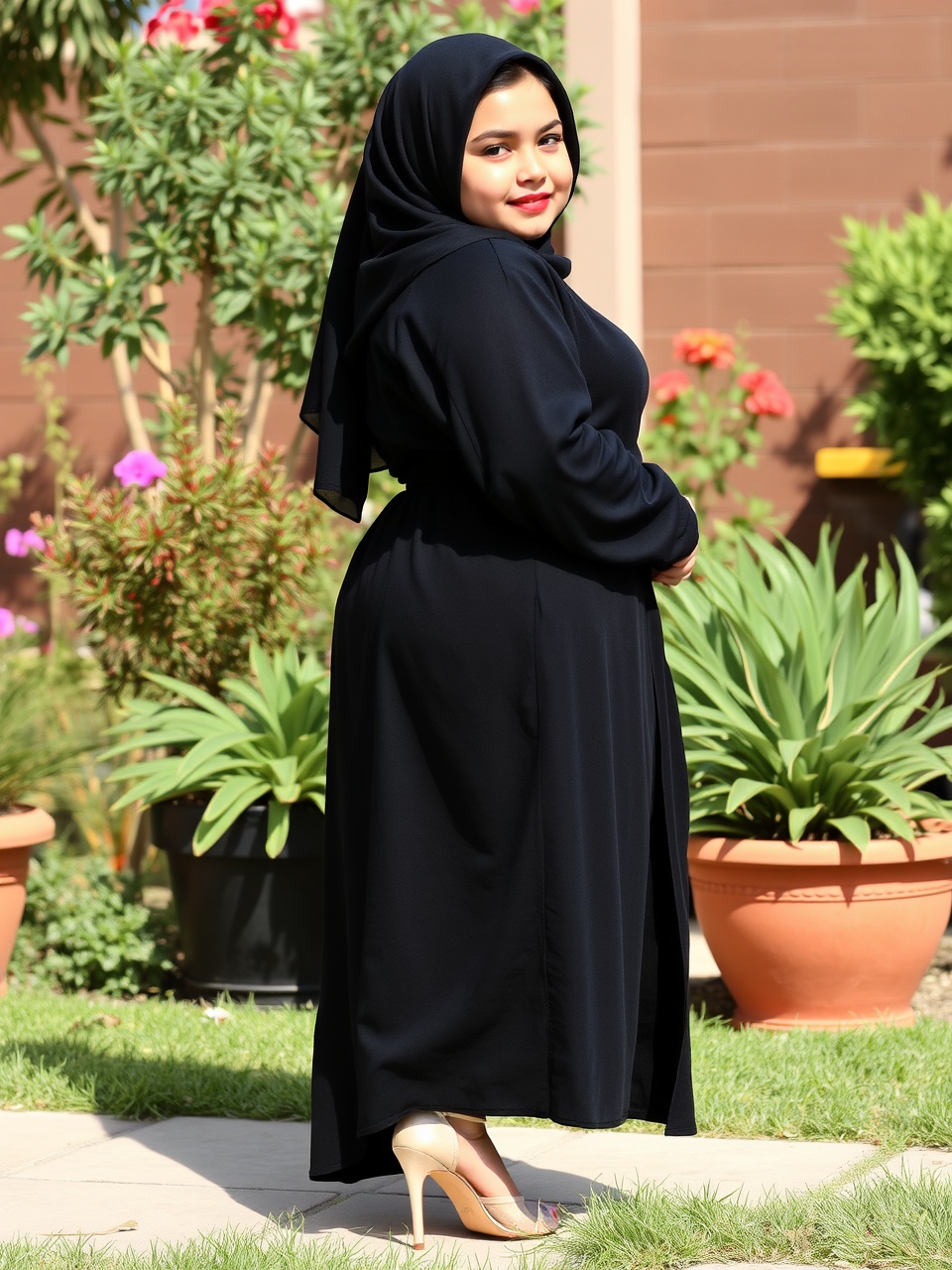 Portrait of a confident woman in traditional attire, standing in a garden on a sunny day.