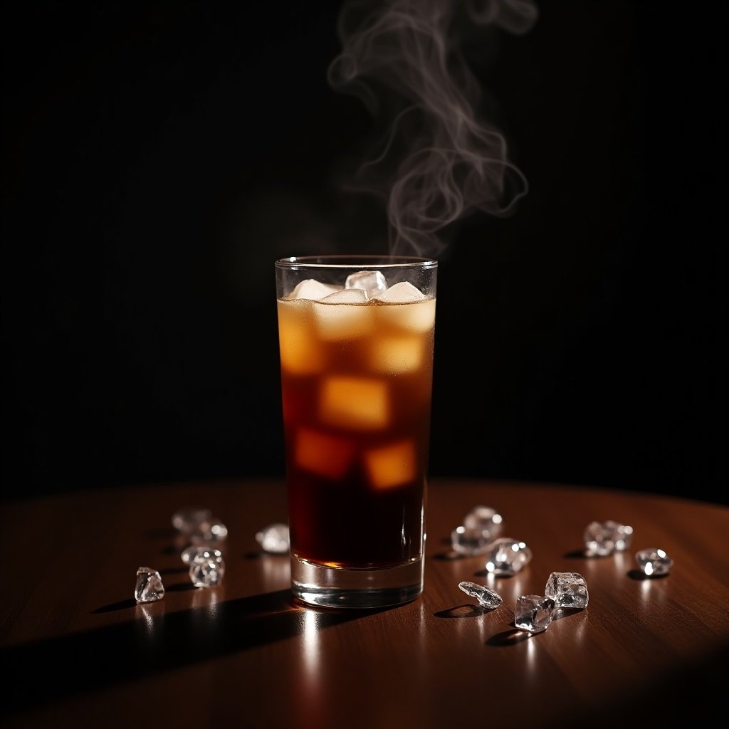 Iced Americano coffee in a tall glass with ice. Dark background with light highlighting the glass. Steam rising from the drink. Ice cubes scattered on the table.