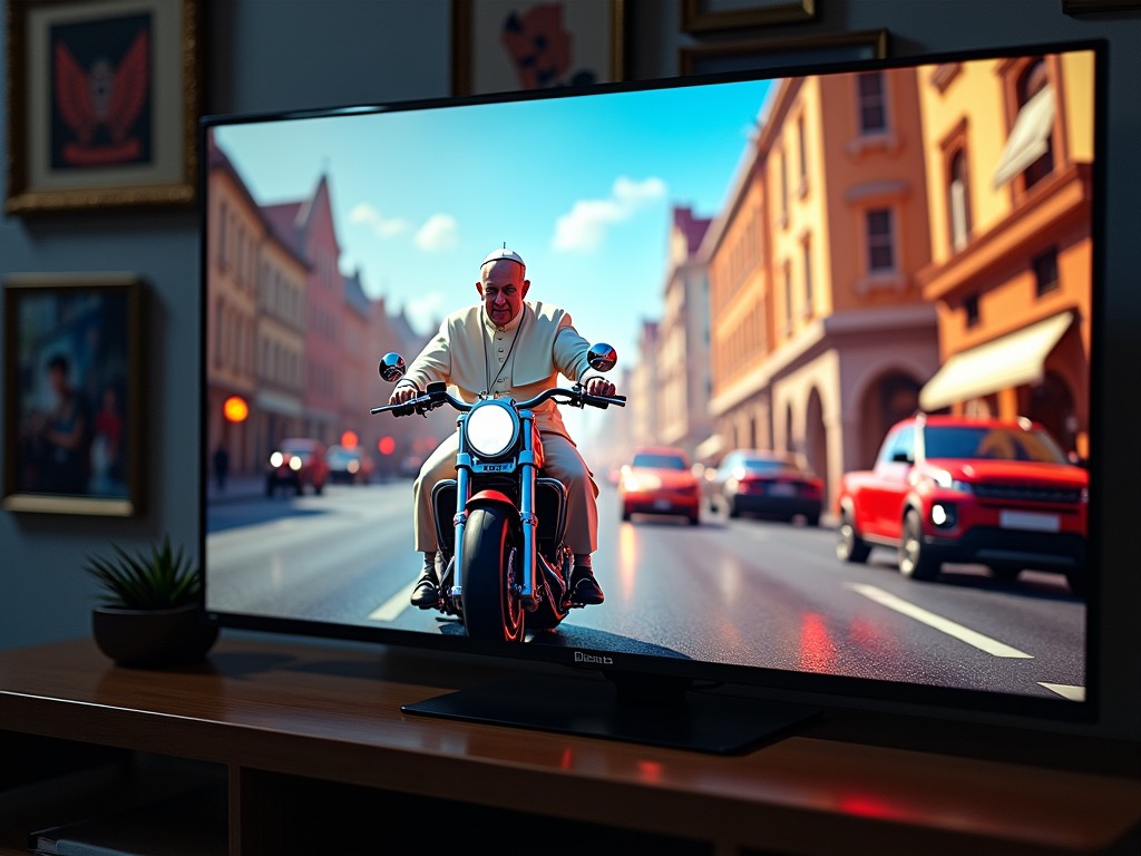 This image captures a surreal scene of a figure dressed in a traditional religious robe riding a motorcycle through a vibrant, sunlit city street. The streets are lined with colorful buildings, and the presence of modern cars enhances the juxtaposition between tradition and modernity. The image is displayed on a screen in what seems to be a cozy living room setting, adding another layer of realism.