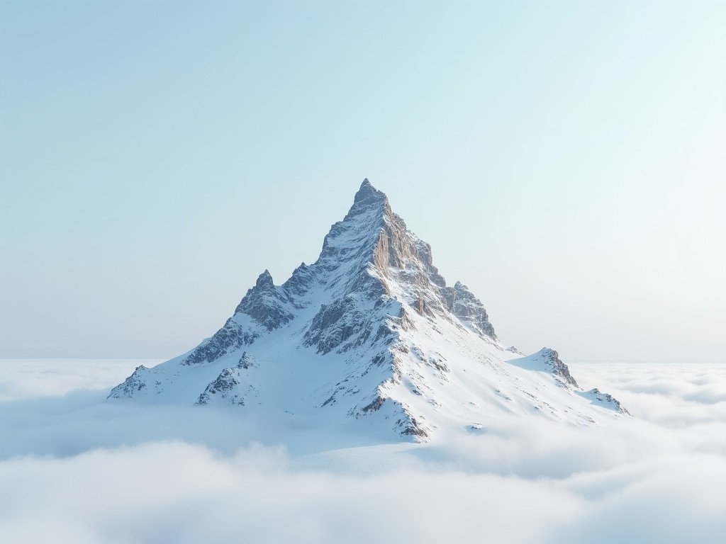 a majestic snowy mountain peak rising above the clouds on a clear blue sky day, photorealistic landscape