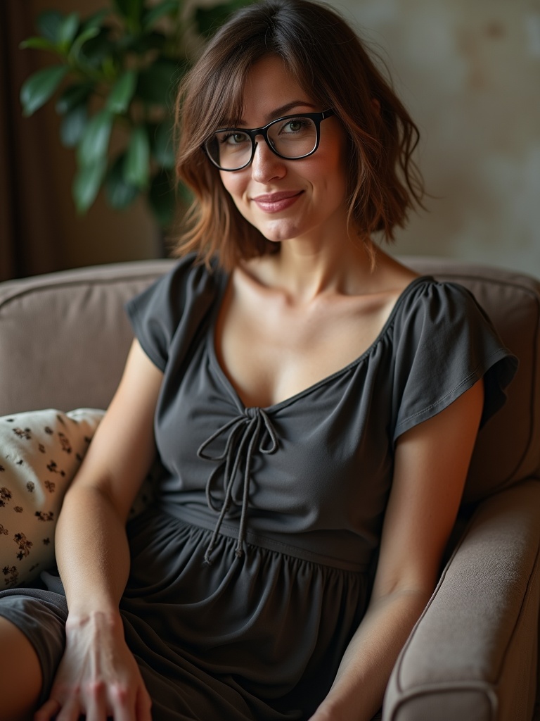 A woman sits comfortably on a couch, wearing dark-rimmed glasses and a soft grey dress, exuding a sense of calm and introspection. Her gentle smile and relaxed posture suggest ease and warmth, making the setting feel intimate and inviting. The surrounding soft lighting accentuates the tranquil atmosphere of the room.