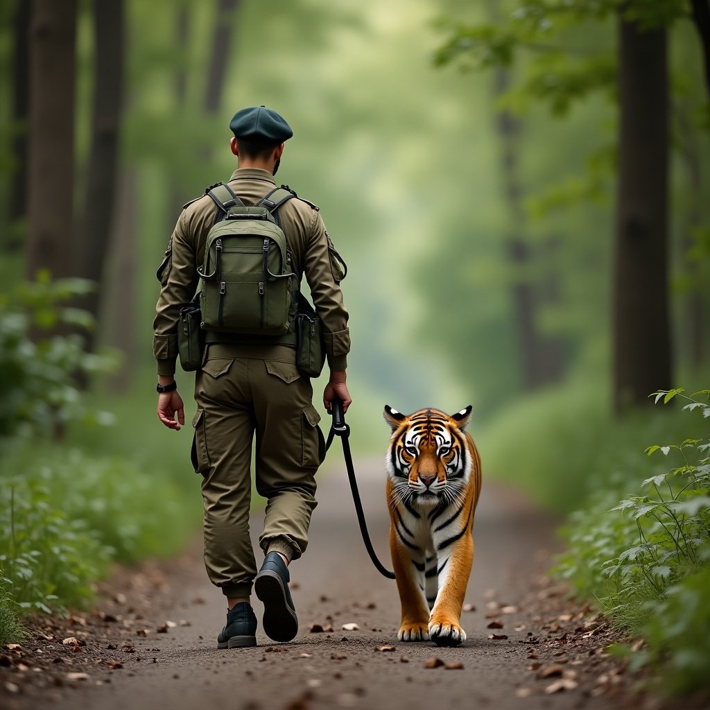 A young army officer in military attire walks a tiger on a leash in a forest. The path is surrounded by tall trees and lush greenery. The officer looks confident and calm. The tiger walks beside him.