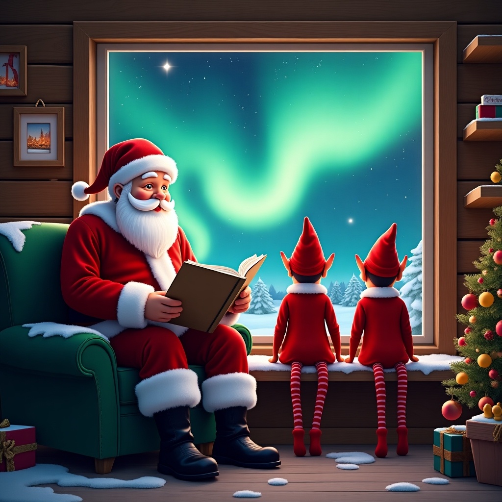 In a warm and cozy cabin, Santa Claus is comfortably seated, dressed in his classic red outfit. Beside him, two cheerful elves observe the magical northern lights through the window. Santa holds a notebook with names written inside, including 'Matteo', 'Viah', 'Zavian', 'Asher', and 'Jethro'. The scene captures the excitement of the holiday season, as they prepare for the arrival of children. The festive mood is enhanced by the decorations and the enchanting glow of the aurora borealis outside, embodying the spirit of giving and joy during Christmas time.