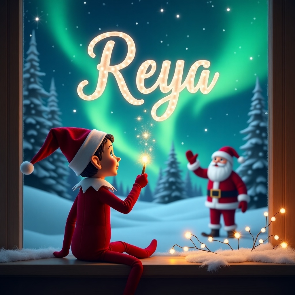 This festive image features an elf on the shelf sitting by a window. The elf is positioned with its back to the viewer, looking up at the night sky. It holds a glowing wand, magically writing 'Reya' in the sky. The background includes beautiful northern lights and a cheerful Santa Claus waving. The scene is enchanting, capturing the joy of the holiday season and the whimsical spirit of Christmas.