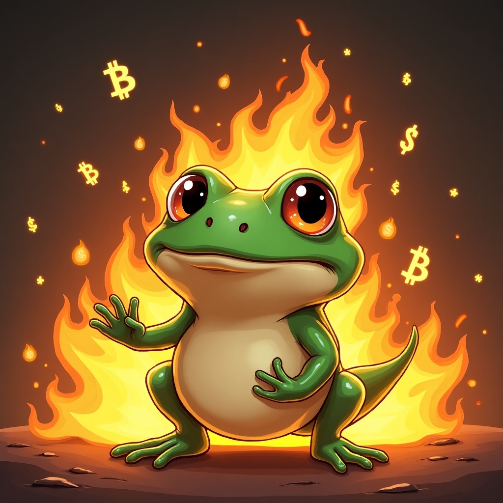 A cartoon style frog surrounded by flames that look intense. The background includes symbols of cryptocurrency like dollar signs and Bitcoin.