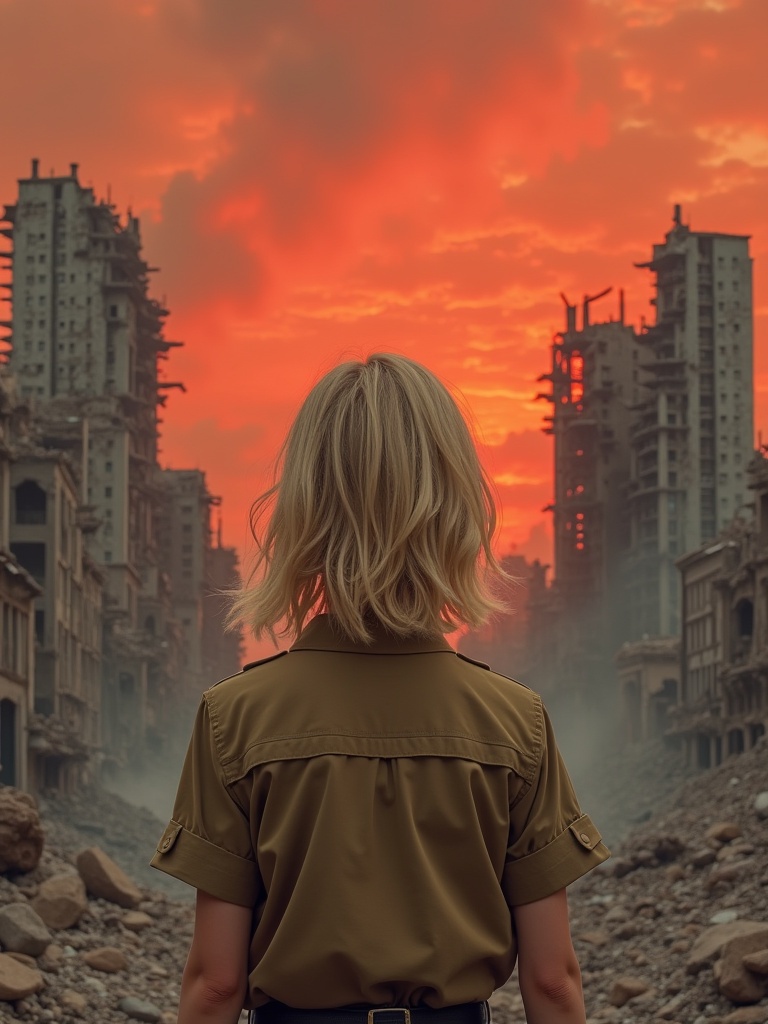 Girl faces a crumbling city. She wears a tan military shirt. Blonde hair flows down her back. Sky glows in orange and red hues. Smoke fills the atmosphere.