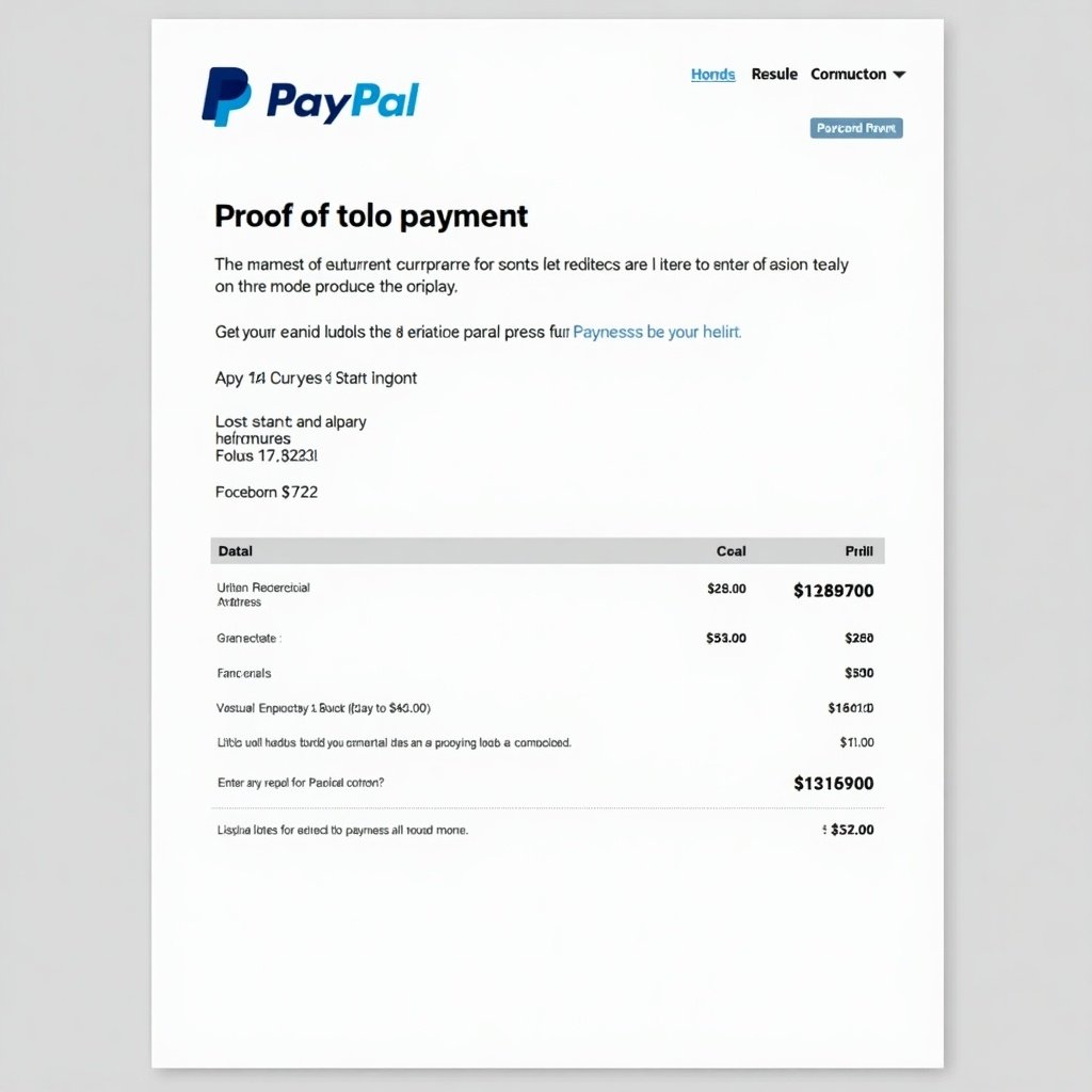 Document shows proof of payment from PayPal directed to Outlook email address. Receipt features PayPal design with clear layout and bold text. Total transaction amount is $20.