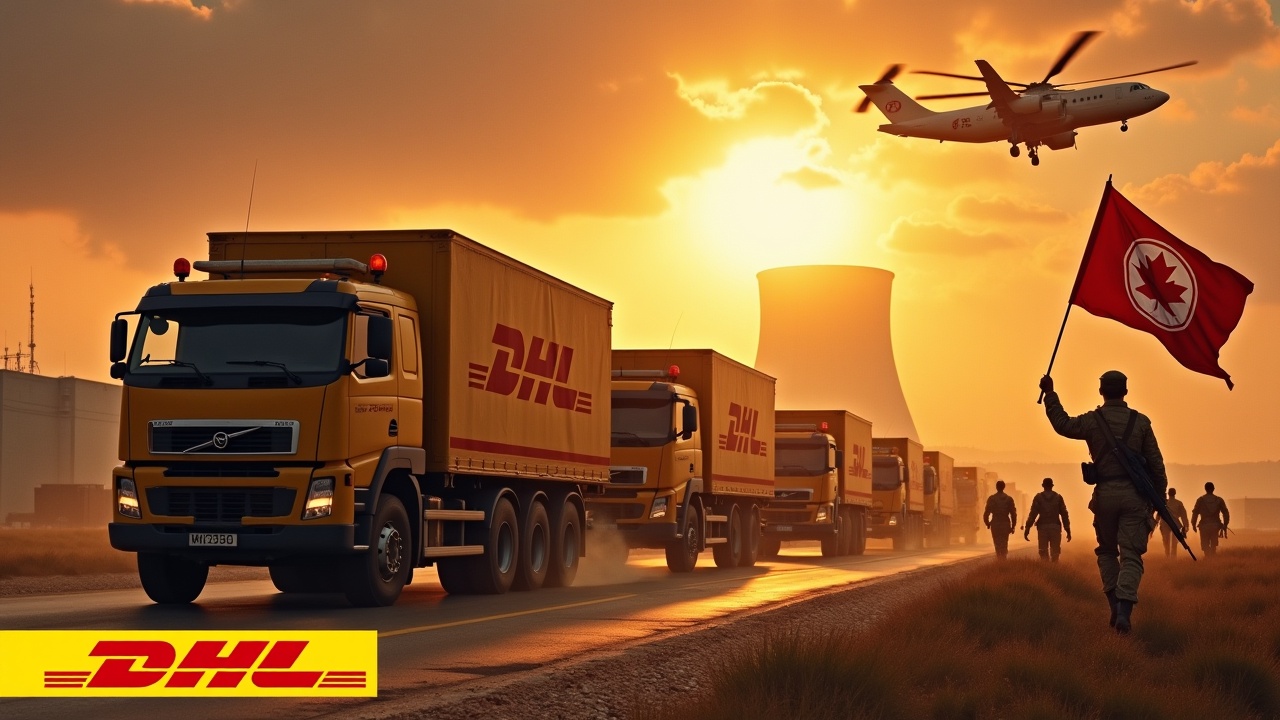 In a dramatic scene, several DHL delivery trucks are approaching a military bunker. These trucks feature impressive cannons on their roofs. Nearby, a group of soldiers is marching in formation, armed with rifles. Among them, one soldier stands out, proudly holding a flag that displays the DHL emblem. In the backdrop, a nuclear power plant is visible against a sunset sky, adding to the tension of the scene. Above, a large DHL cargo helicopter hovers, enhancing the overall intensity of the dramatic atmosphere. At the bottom, the iconic DHL logo is prominently displayed.