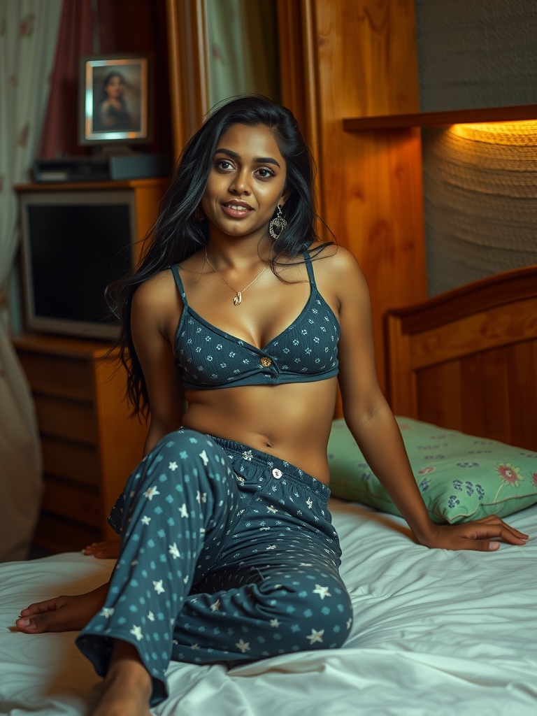 A woman in star-patterned pajamas sits comfortably on a bed in a warmly lit room.