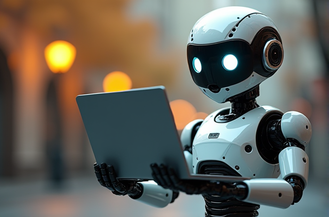 A sleek, futuristic robot with glowing eyes holds a laptop against a blurred background of warm street lights and an out-of-focus urban setting.