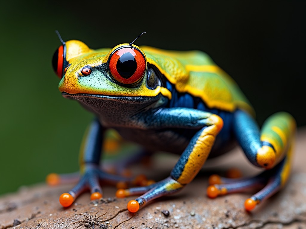 This image features a brightly colored tropical frog perched on a branch, showcasing a mesmerizing blend of vivid shades. Its large, reflective orange eyes stand out against a body that displays a stunning array of greens, blues, and yellows. The textured background adds depth, enhancing the vivid contrast of the frog’s colors.