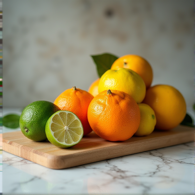 A selection of vibrant citrus fruits, including oranges, lemons, and a halved lime, are artfully arranged on a wooden cutting board against a softly blurred background.