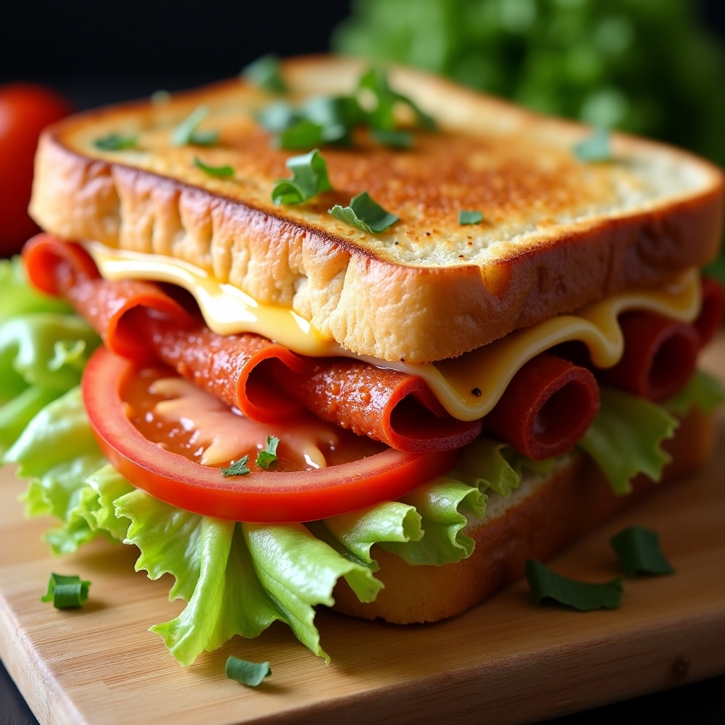 This image showcases a deliciously prepared sandwich featuring layers of pepperoni and melted cheese nestled between slices of toasted bread. Crisp iceberg lettuce and fresh tomato slices add a vibrant touch, enhancing both the flavor and visual appeal. The sandwich is presented on a wooden board, with leafy green lettuce accentuating the sides. Top view highlights the inviting colors and textures, making it look appetizing and fresh. It's a perfect choice for a quick lunch or snack.