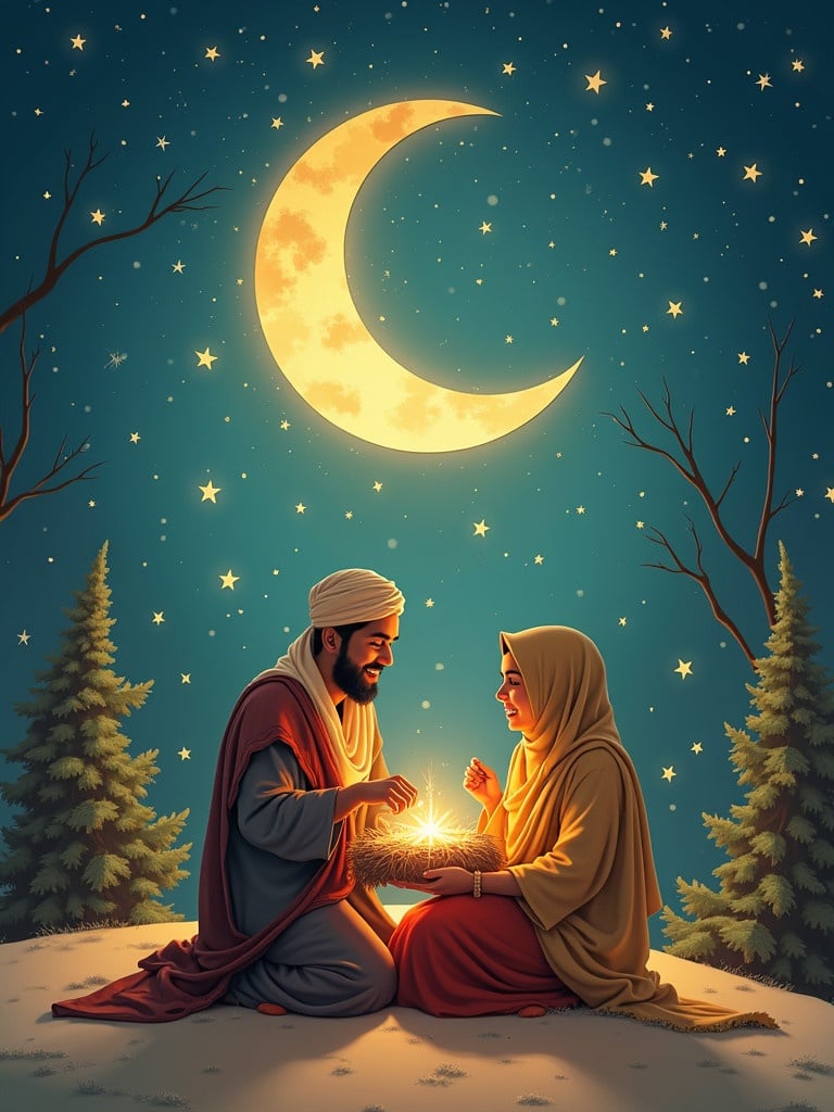 Illustration depicting a Christmas celebration, featuring a couple sharing a moment of joy under a night sky filled with stars and a crescent moon. The scene evokes warmth and love, highlighting festive themes for the holiday season.