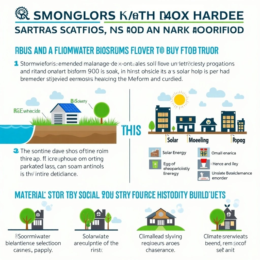 Infographic on flood mitigation and energy efficiency. Highlights stormwater management for rising sea levels. Promotes use of solar energy. Discusses materials for historic building preservation.