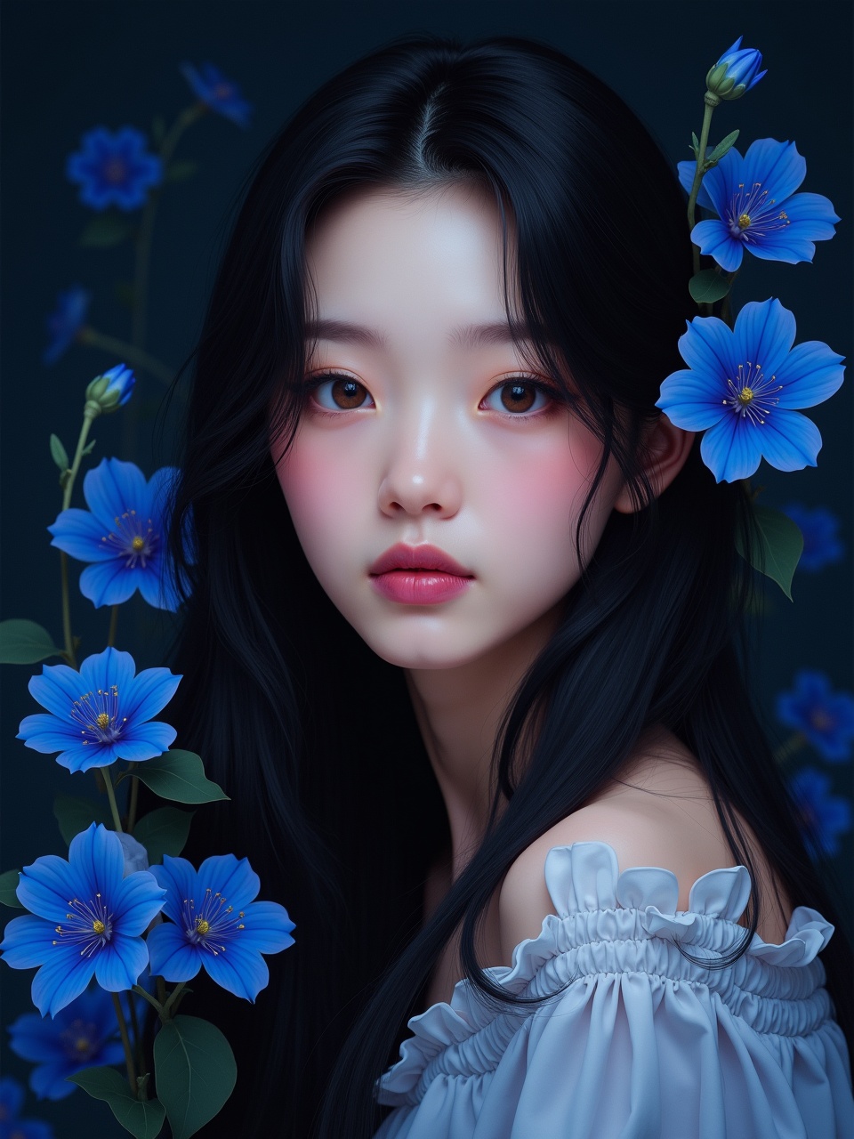 A serene portrait of a young woman surrounded by vibrant blue flowers, set against a soft dark background, highlighting her delicate features and flowing black hair.