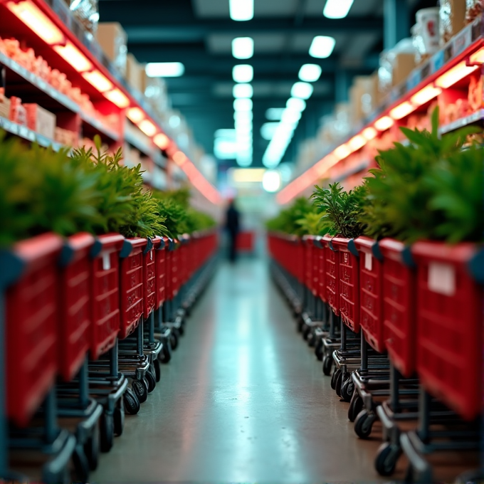 Rows of red shopping carts filled with lush green plants create a symmetrical aisle in a brightly lit store.