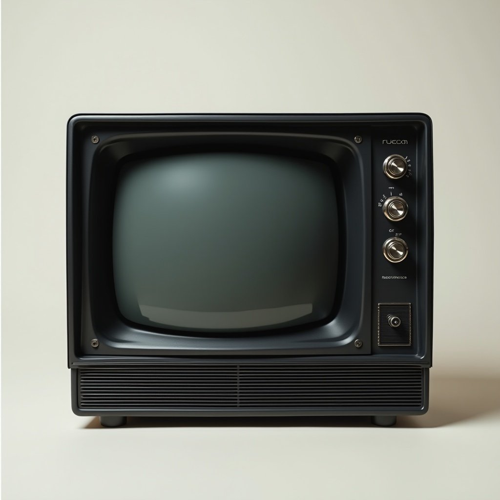 A vintage television set sits prominently against a plain background. The television features a black casing, with knobs and buttons on the side, emphasizing its retro charm. Its rounded dark screen adds to the nostalgic feel of mid-20th century design. The image captures the soft lighting, highlighting the textures and details of the television. A sense of nostalgia is evoked by this classic piece of electronics.