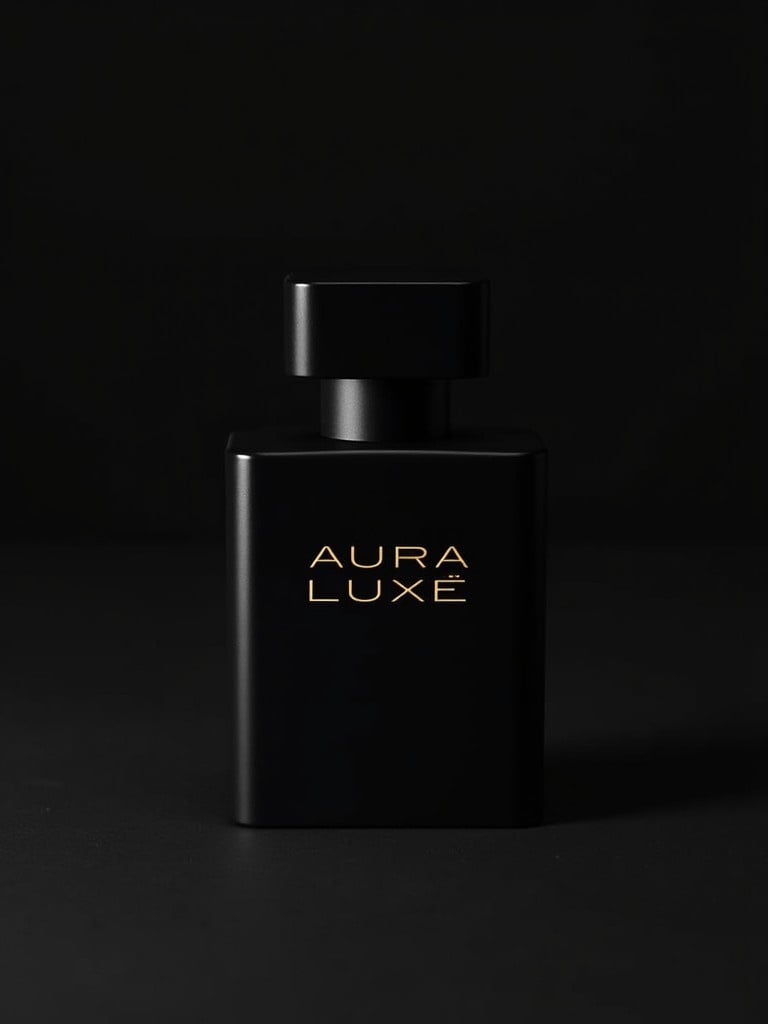 Sleek elegant perfume bottle named AURA LUXE against dark background. Bottle has minimalist design with black lid and gold lettering. Soft lighting enhances contours creating sophisticated ambiance. Shadows emphasize shape and luxury appeal. Ideal for advertising high-end cosmetic products or fragrances.