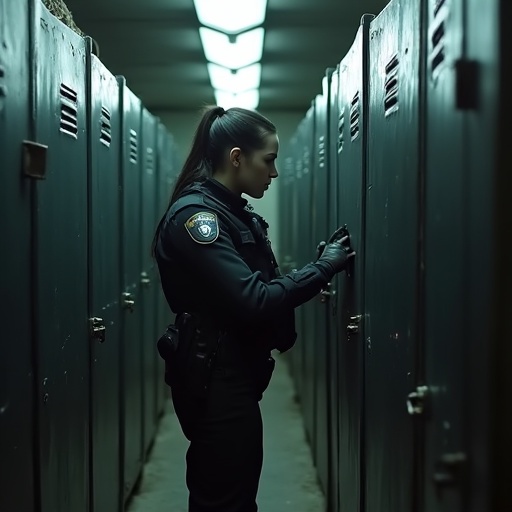 Detailed first-person view. Hands clad in thick black gloves finish adjusting a heavy leg protector. Looking slightly up into a narrow locker room with metal partitions. Another officer across adjusts her anti-trauma vest. Pale face under fluorescent lights. Space cluttered with riot gear. Tense and gritty atmosphere before deployment.