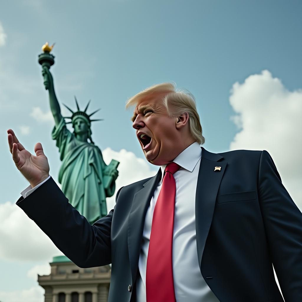 This image depicts a hyper-realistic portrayal of Donald Trump yelling animatedly in front of the Statue of Liberty. The scene captures a moment of political tension, emphasizing the clash of ideas. The sky is bright with some clouds, adding to the dramatic effect. Trump is in a suit with a red tie, gesturing passionately. The Statue of Liberty stands tall behind him, representing freedom and democracy. This image could be used to illustrate various political discussions and debates.