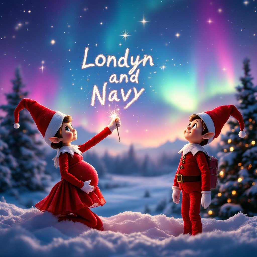 Enchanting Christmas scene featuring red elf on shelf in skirt with pregnant belly. Elf faces sky with back to viewer. Brother elf next to her smiles. Elf wields magic wand writing 'Londyn and Navy' in glowing script. Vibrant northern lights in backdrop. Scene conveys Christmas spirit with whimsical twist.