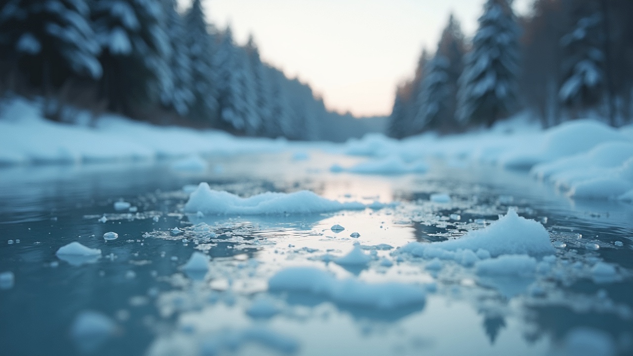 This image captures a serene winter landscape featuring a river with thin ice and soft snow around its edges. The scene is enriched with a cinematic lens effect, giving it a dreamy quality. Natural light beautifully reflects off the icy surface of the water, creating rich details and enhancing the tranquil atmosphere. Surrounding trees are blanketed with snow, adding to the wintery feel. The overall effect is calming and invites the viewer to appreciate the beauty of nature in the cold season.