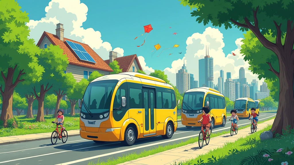 Illustration of a solarpunk city scene with futuristic mini-buses and happy children. Colorful kites are flying in the air. Lush greenery surrounds a busy street with cyclists. Buildings feature solar panels. Soft painterly textures enhance the vibrant atmosphere.