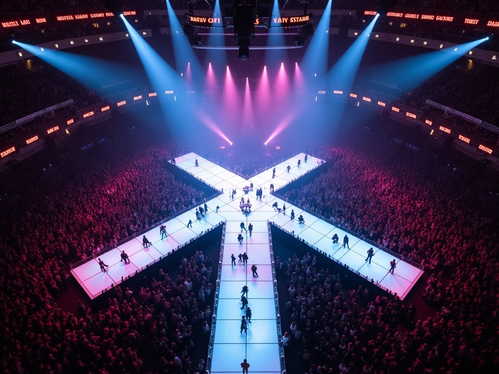 This image showcases a vibrant concert scene specifically focusing on Travis Scott's performance at Madison Square Garden. The stage features a large X-shaped design, enhanced by dynamic lighting in hues of pink and blue. From a drone's perspective, the image captures the vast audience below, all gathered to experience the live show. The atmosphere is electric, highlighting both the performance and the crowd's excitement. This view emphasizes the grand scale of the event, making it a memorable moment in concert history.