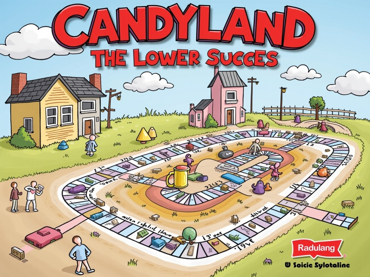 This image presents a whimsical board game titled 'Candyland: The Lower Succes'. The game features a winding path surrounded by colorful houses and playful characters. It is designed to evoke a sense of nostalgia and fun for family game nights. The bright colors and cheerful illustrations invite players to engage in a delightful adventure through the Candyland world. The layout includes various themed spaces that enhance the game's vibrant atmosphere.